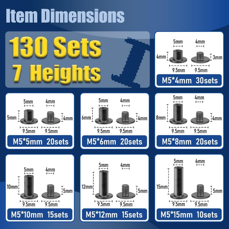 ArcNascency Store 130 Sets Gunmetal Black Chicago Screws Leather Rivets Kit, 7 Sizes (M5*4,5,6,8,10,12,15) & 3 Screw Lengths (M4*3,4,5) for Belts, Bookbinding, DIY Leather - Image 2